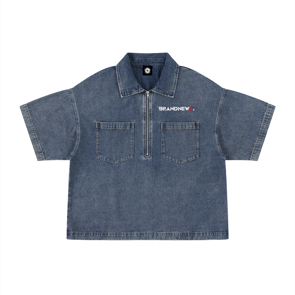 Unisex Vintage Wash Boxy Quarter-Zip Denim Shirt