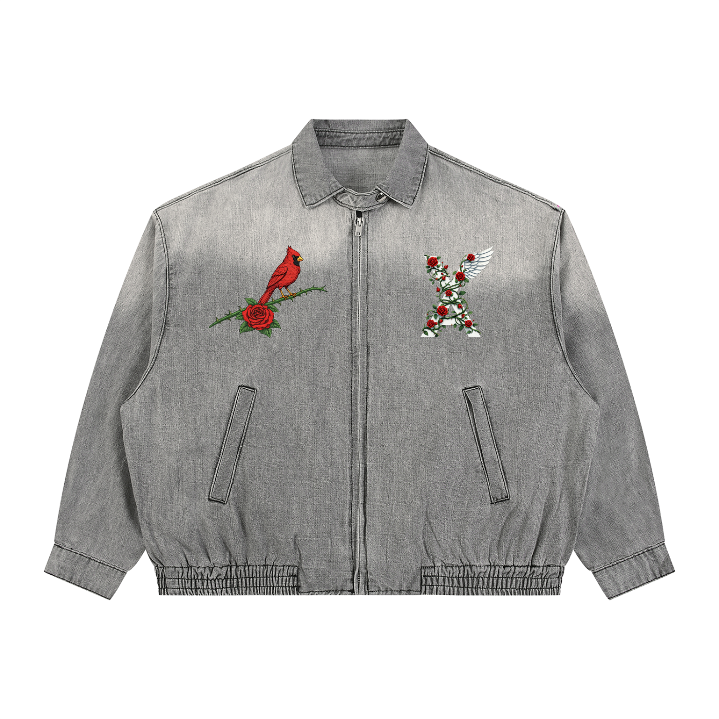 “VA w/wing Cardinal Rose” Premium Unisex Vintage Wash Full-Zip Denim Jacket