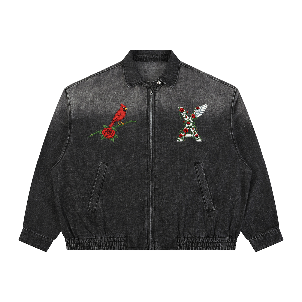 “VA w/wing Cardinal Rose” Premium Unisex Vintage Wash Full-Zip Denim Jacket