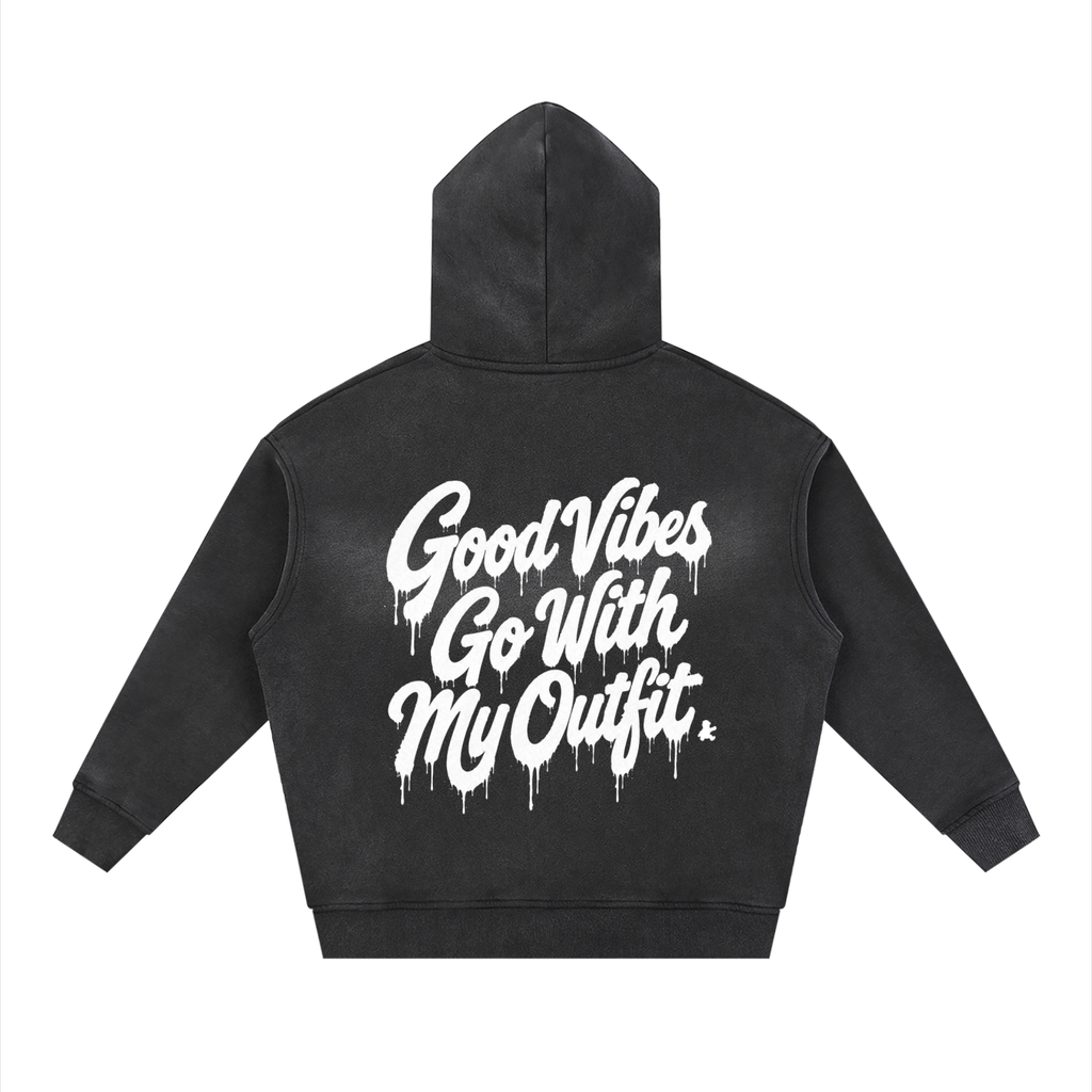 “Love Good Vibes” Premium Sunfade Two-way Zipper Boxy Fleece Hoodie