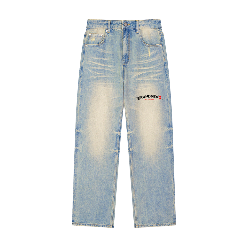 “Brandnewz Live Forward” Sun Fade Raw Hem Denim Jeans