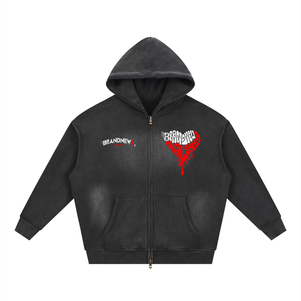 “Love Good Vibes” Premium Sunfade Two-way Zipper Boxy Fleece Hoodie