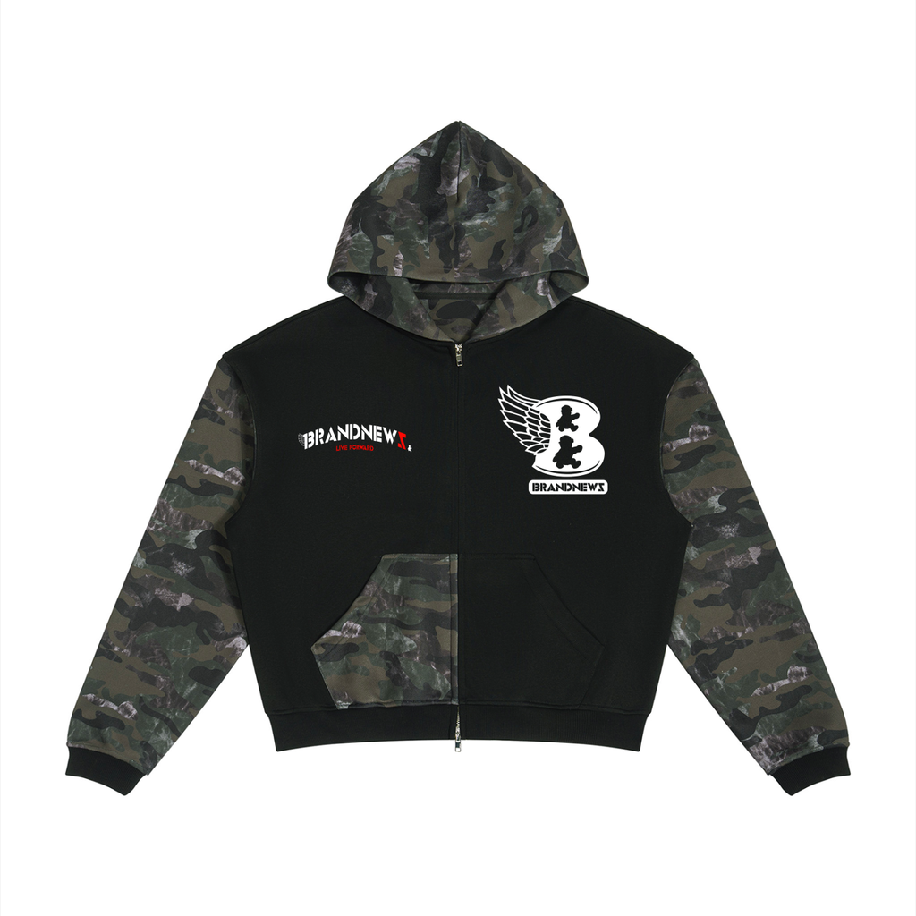Unisex Colorblock Camo Full Zip Boxy Hoodie