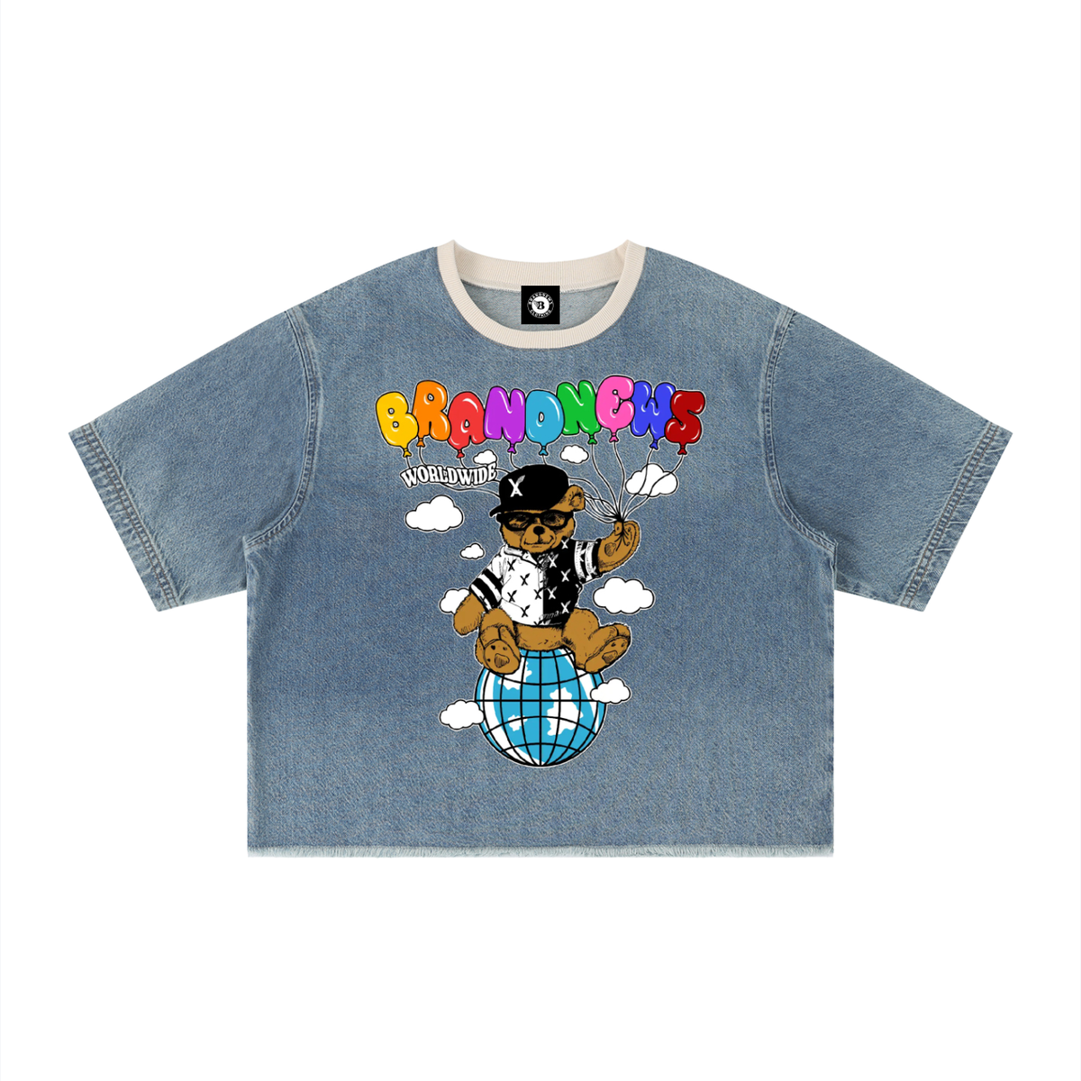 “Brandnewz Bear Global” Unisex Vintage Wash Boxy Raw Hem Denim T-Shirt