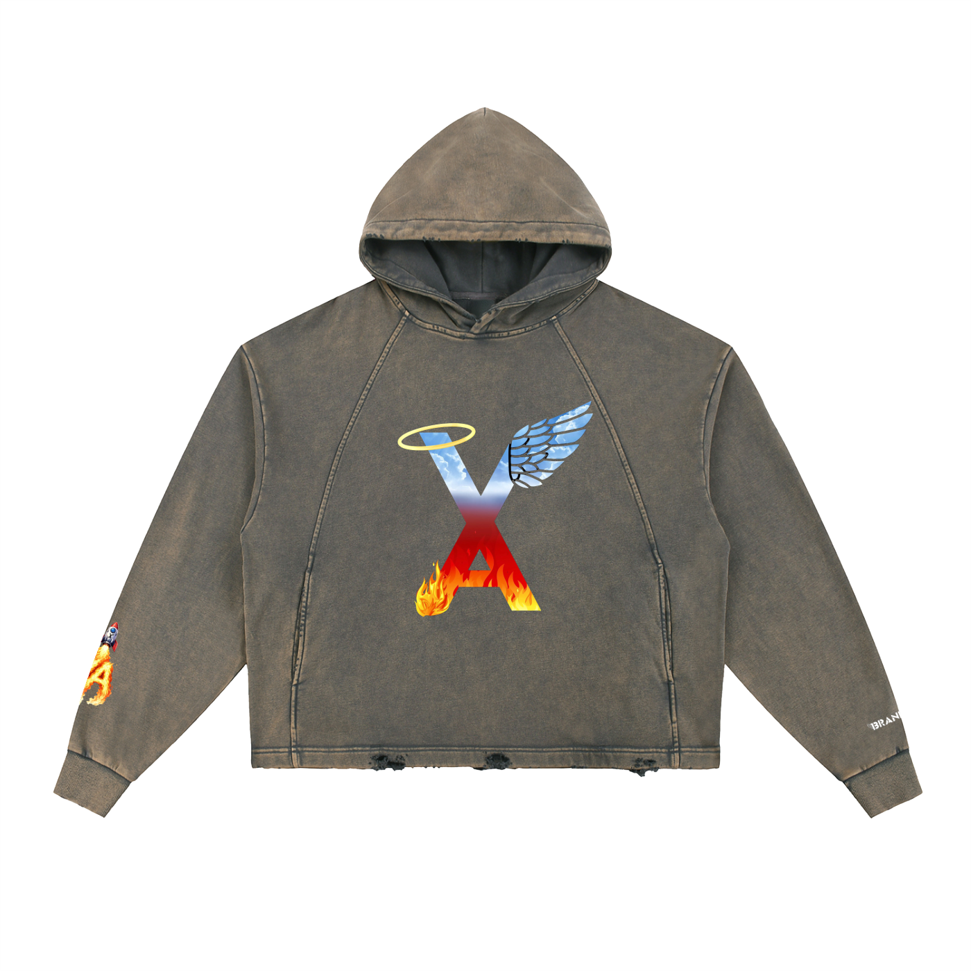“VA w/wing Duality” Vintage Washed Frayed-Hem Hoodie