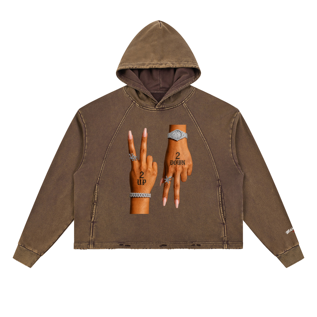 “2 UP 2 Down” Unisex Vintage Washed Frayed-Hem Premium Hoodie